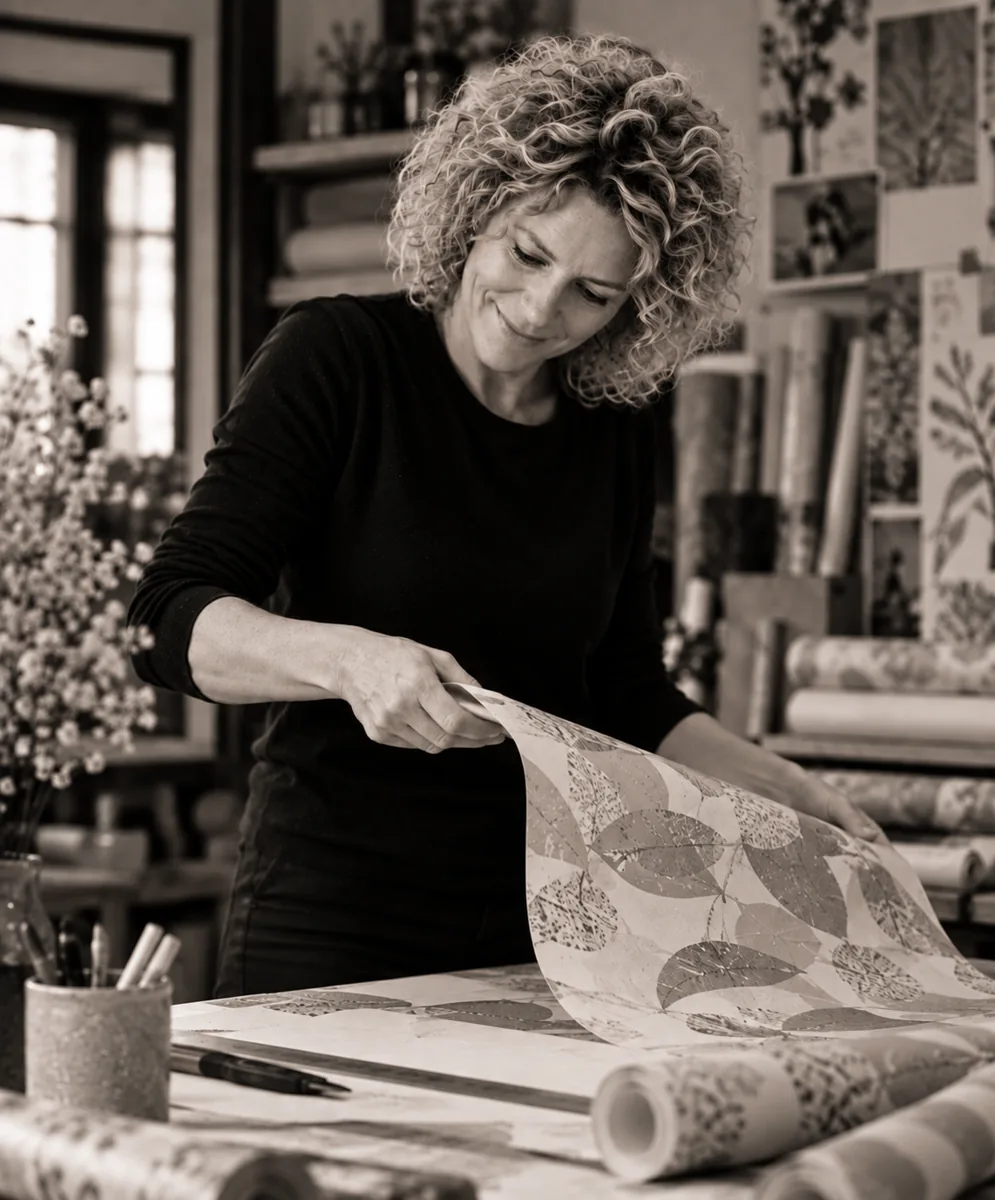 Else-Marieke knipt behang aan de werktafel